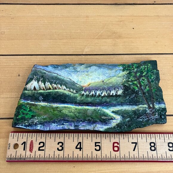 Summer Camp Hand Painted Slate Stone Artwork Signed J Sommers Teepee River - Picture 2 of 7